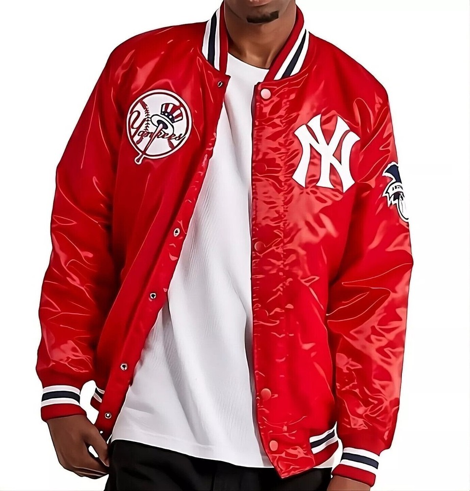 Men's New York Yankees Red Satin Full Snap Varsity Baseball Jacket