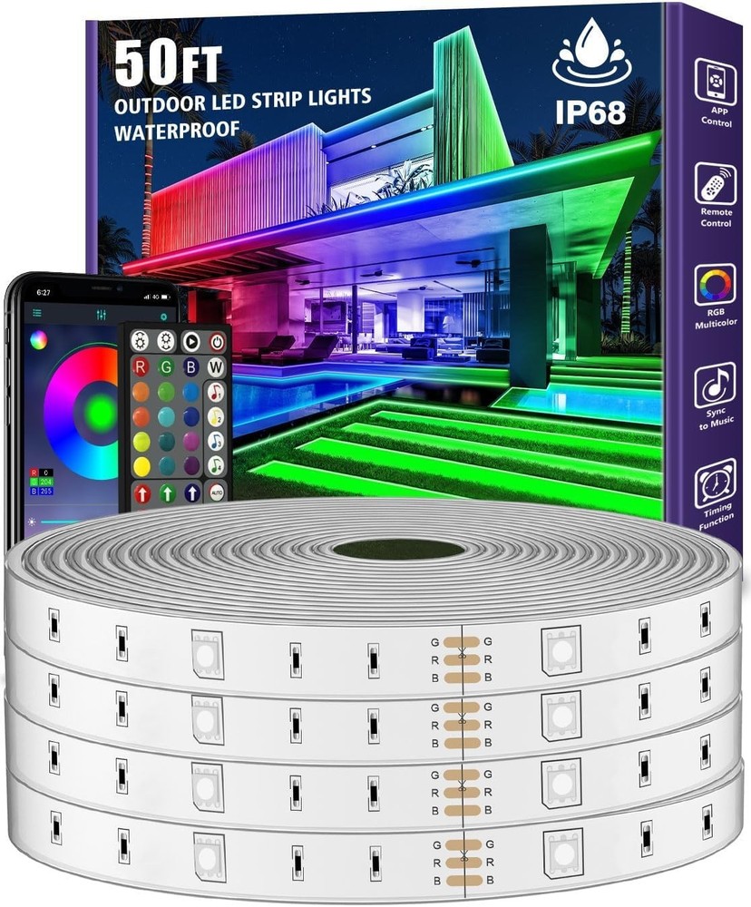 50FTOutdoorRGBLEDRopeLights Waterproof IP68, App Remote MusicSyncforBalconyRoofG