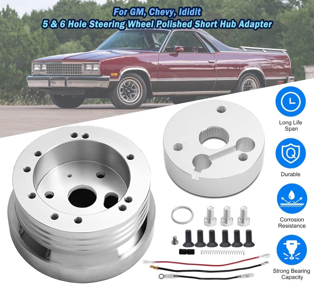 GM Chevy 5 & 6 Hole Polished Steering Wheel Hub Adapter for Flaming River Ididit