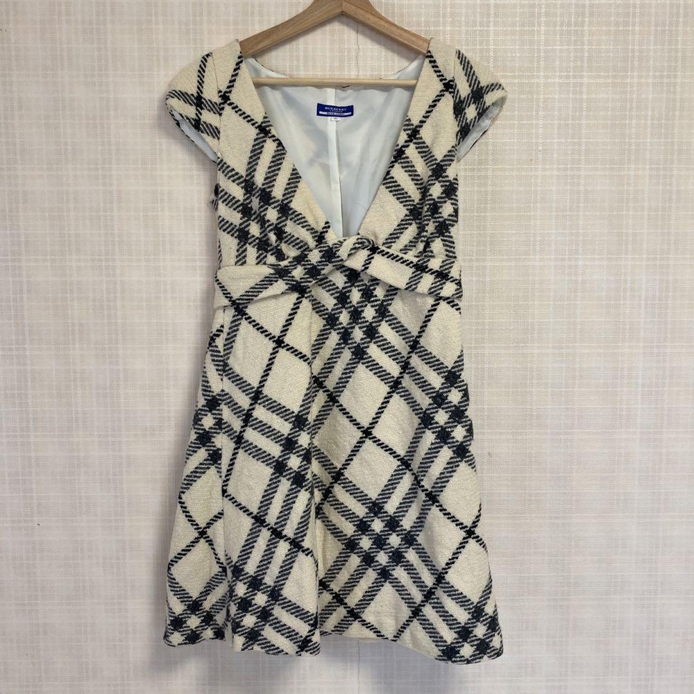 Burberry Blue Label Nova Check Beige Knit Wool One-Piece Dress M Size