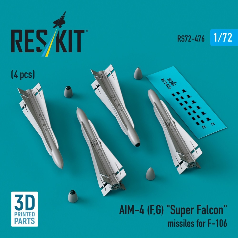 1:72 Scale ResKit RS72-0476 AIM-4F/G Super Falcon Missiles for F-106 (4pcs)