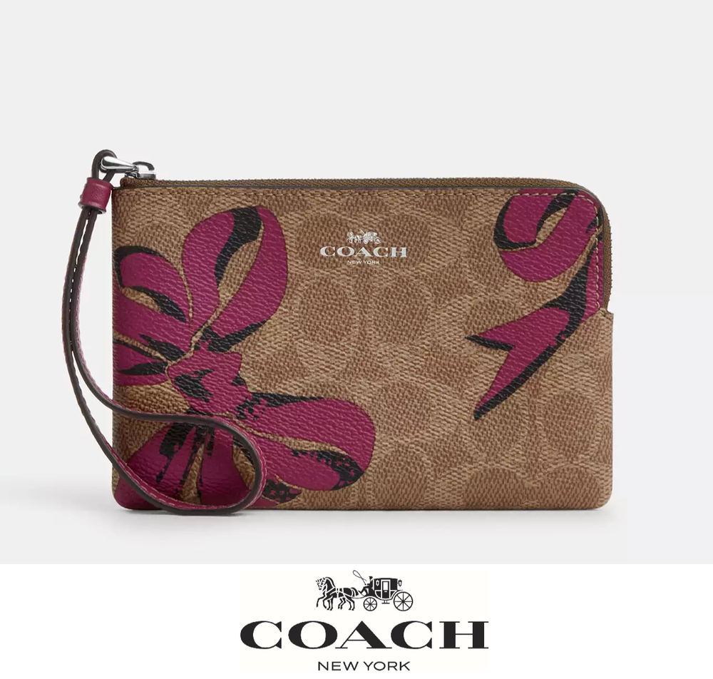 NWT Coach Corner Zip Wristlet in Signature Canvas with Bow Print CZ440 Gift Ready  