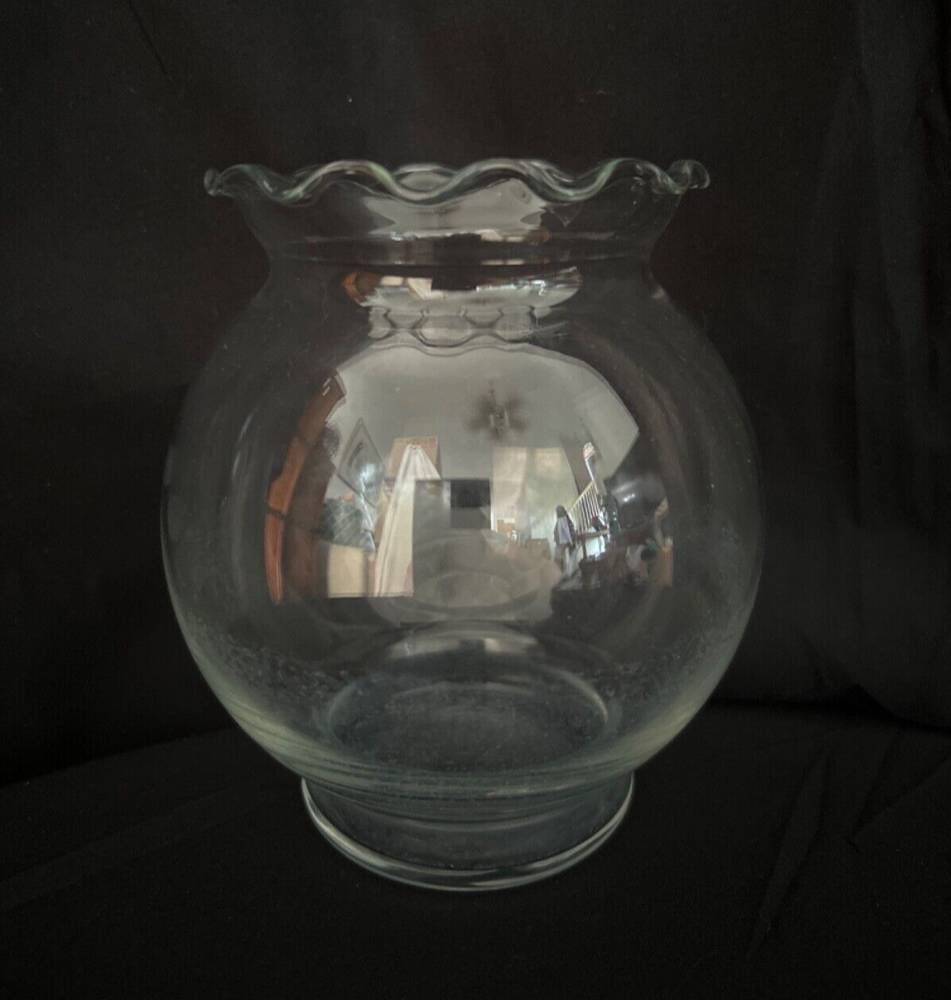 Unmarked Glass Footed Fishbowl Flower Vase Ruffled Scallop Edge Candle Holder