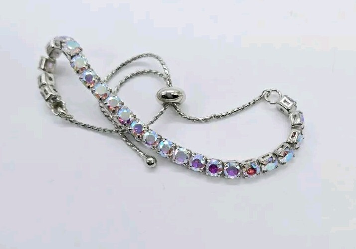 Kirks Folly Aurora Borealis Crystal Bracelet Silver tone Tennis Drawstring