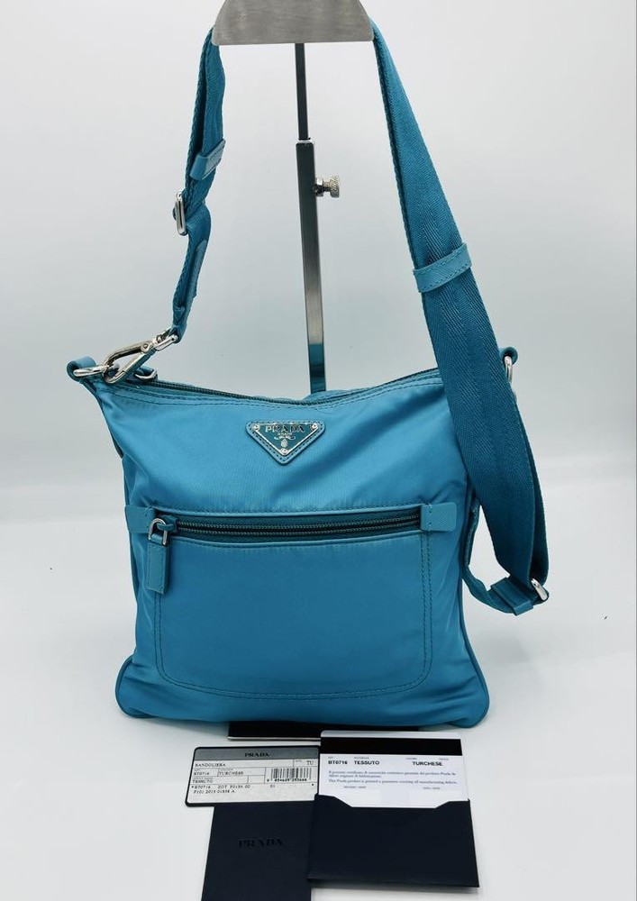 Rare Turquoise Prada Nylon Shoulder Bag Medium Size From Japan