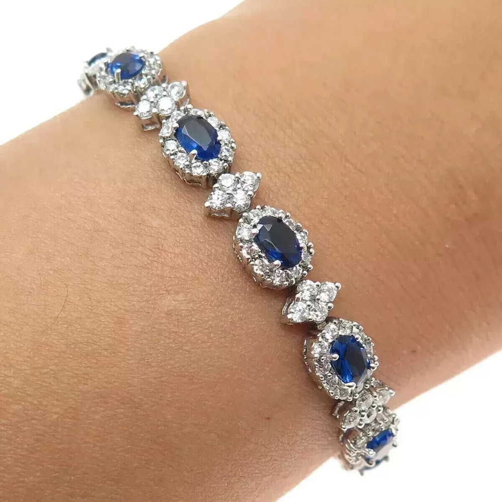 16Ct Oval Lab-Created Sapphire Diamond Women's Bracelet 14K White Gold Plated 7