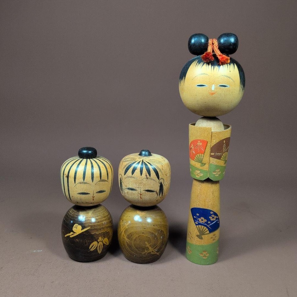 Three Traditional Japanese Kokeshi Dolls Mizusaku 24.5cm Vintage Collectibles