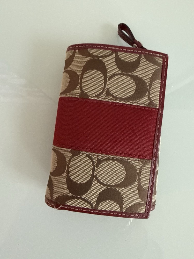 ✿Coach Signature Canvas Red Leather Zip Around Wallet Wristlet Clutch