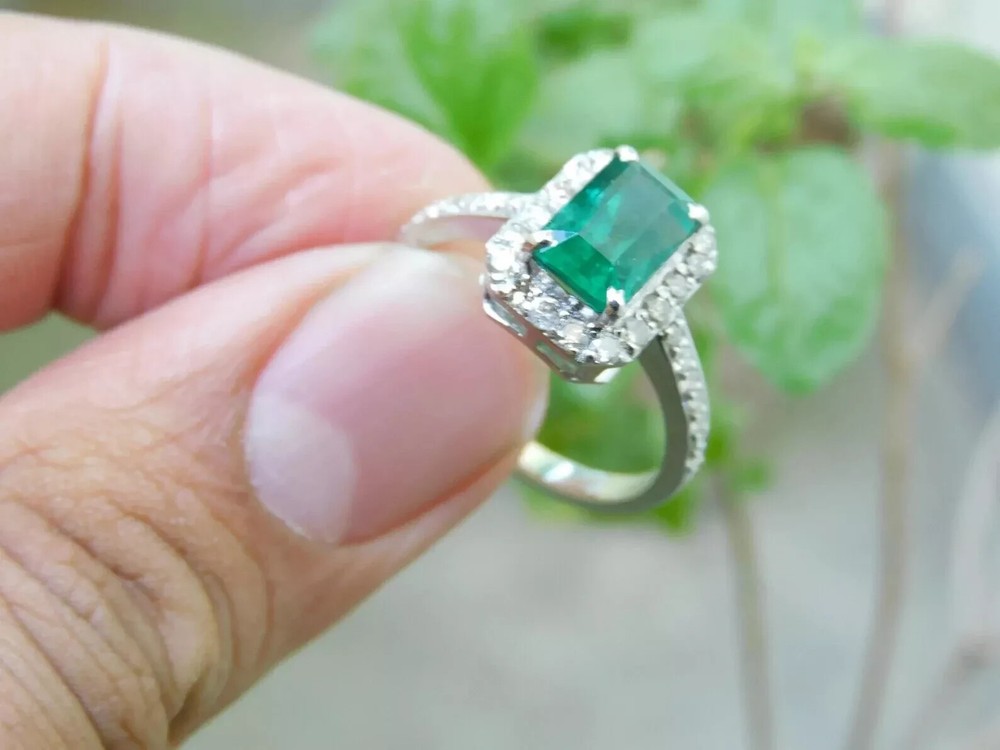 3.30 Ct Emerald Cut Natural Emerald & Diamond Wedding Ring 14K White Gold Solid