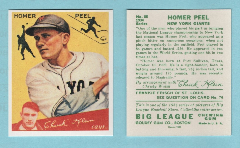 1934 Goudey Baseball Reprint # 88 Homer Peel -- New York Giants -- Box 741