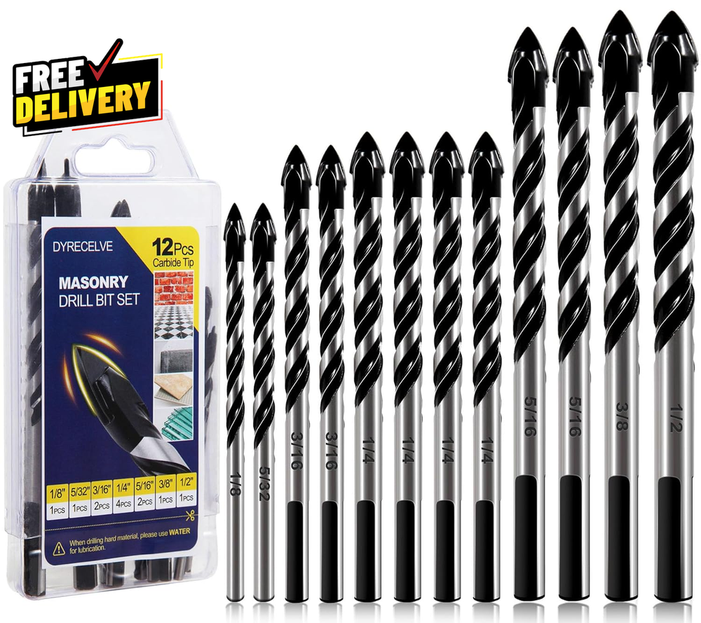 12 PCS Masonry Drill Bit Set & Concrete Drill Bit Set 1/8 to 1/2 Inch Profess...