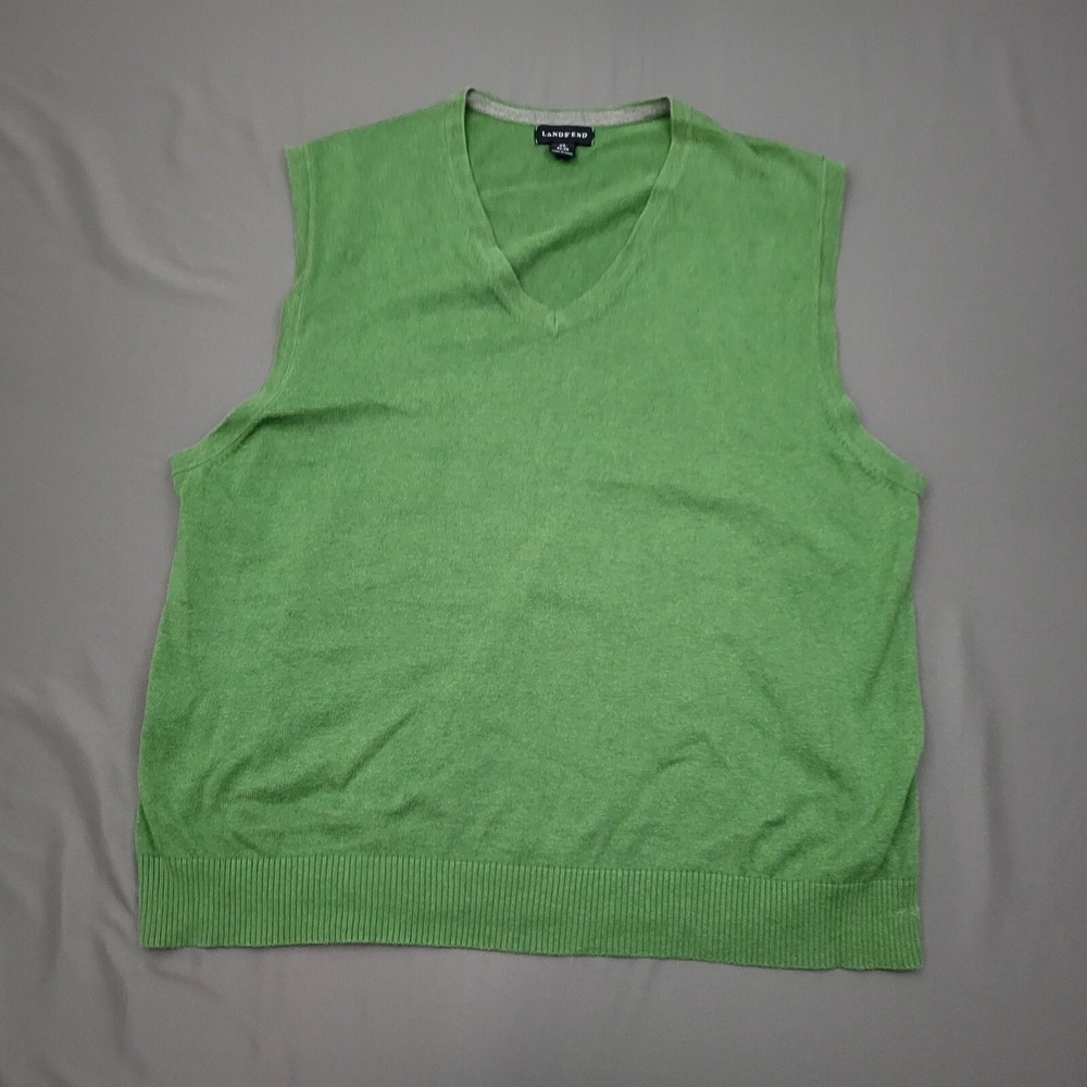 Lands End Sweater Mens SIZE XL 46-48 Sleeveless Pullover V Neck Vest Knit Green