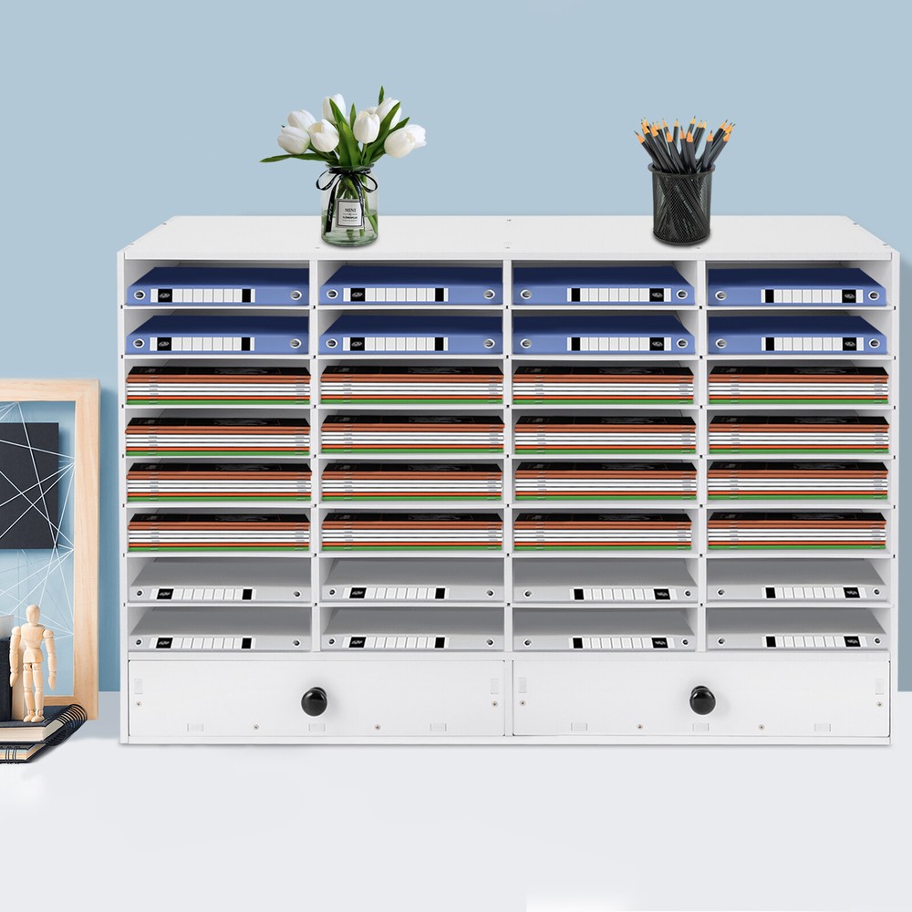 New White Adjustable Literature Organizer with 32 Compartments and 2 Drawers