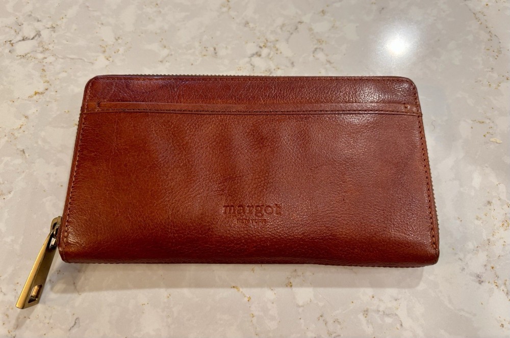 Margot New York Brown Leather Zip Around Wallet Long Clutch Organizer