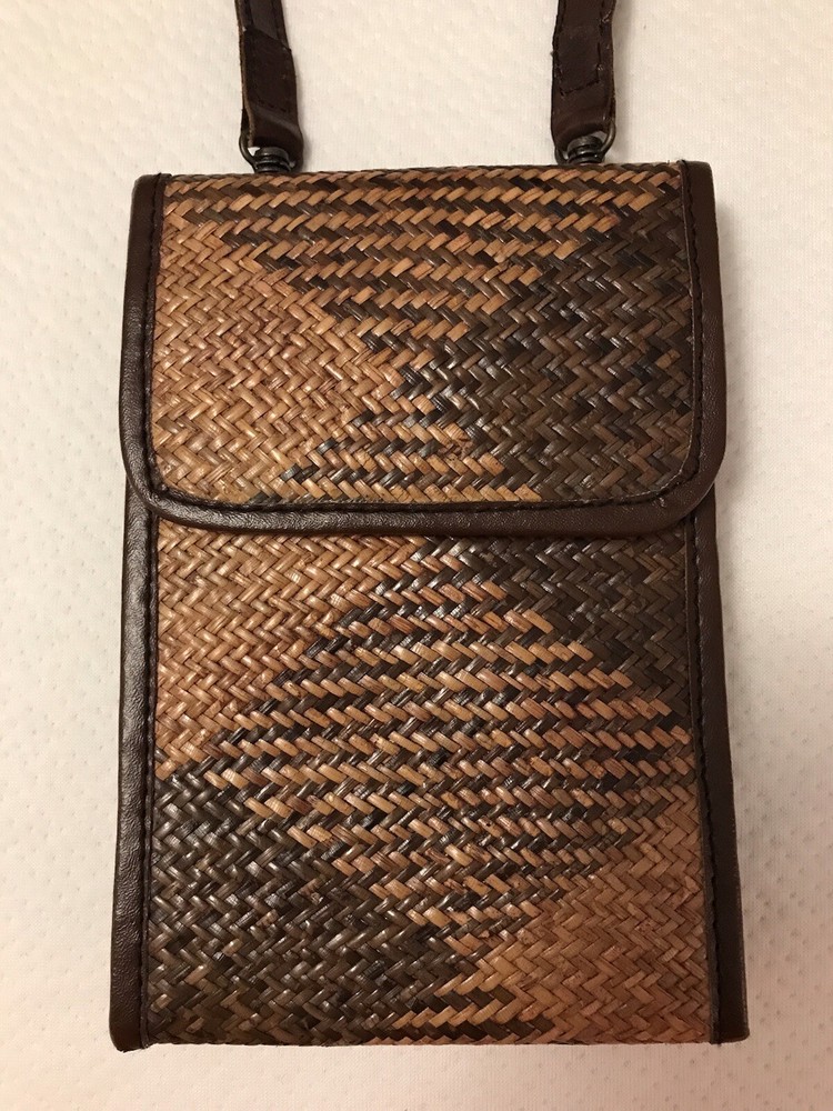 Vtg Boho Phoebe Western Crossbody Wallet Purse Leather Rattan Brown Y2K Minimal