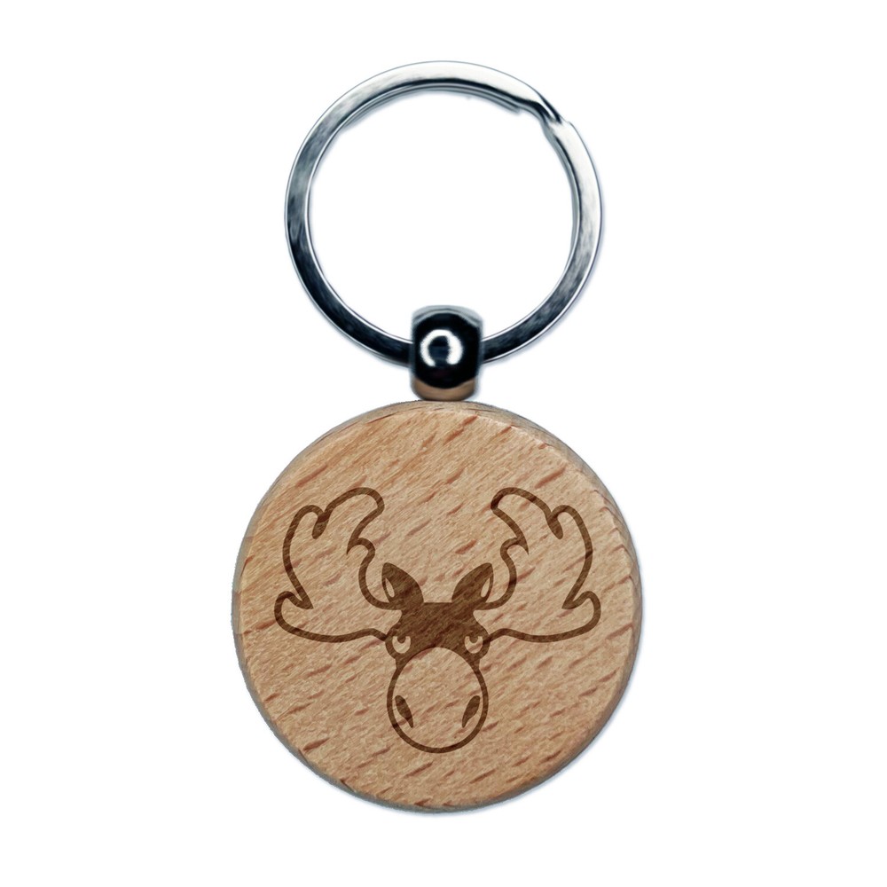 Grumpy Moose Head Engraved Wood Round Keychain Tag Charm