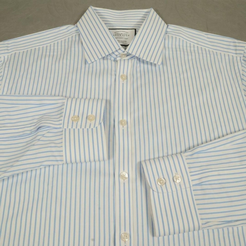 Charles Tyrwhitt Dress Shirt Mens 17 34/35 XL White Blue Stripe Extra Slim Iron