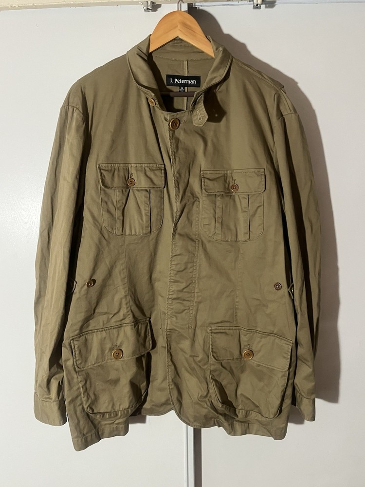 J Peterman Jacket Mens Sz 44 Safari Field Utility Pockets Button Up Khaki Tan