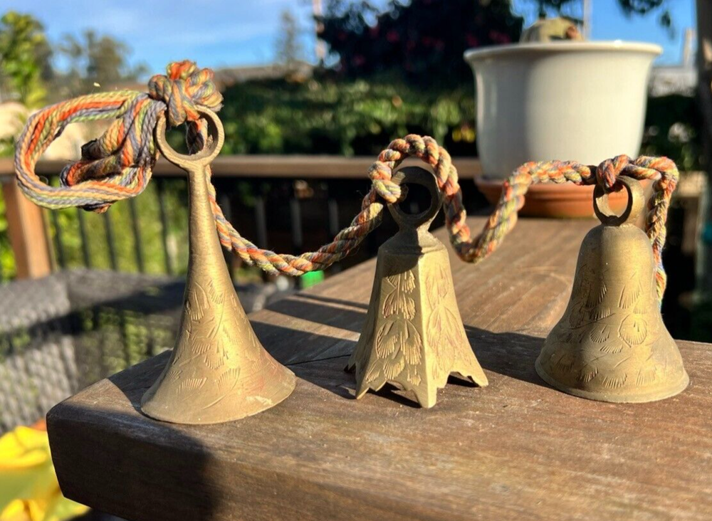 [Set of 3] Vintage  Solid Brass Indian Bells Strung w/Mulitcolored Cord