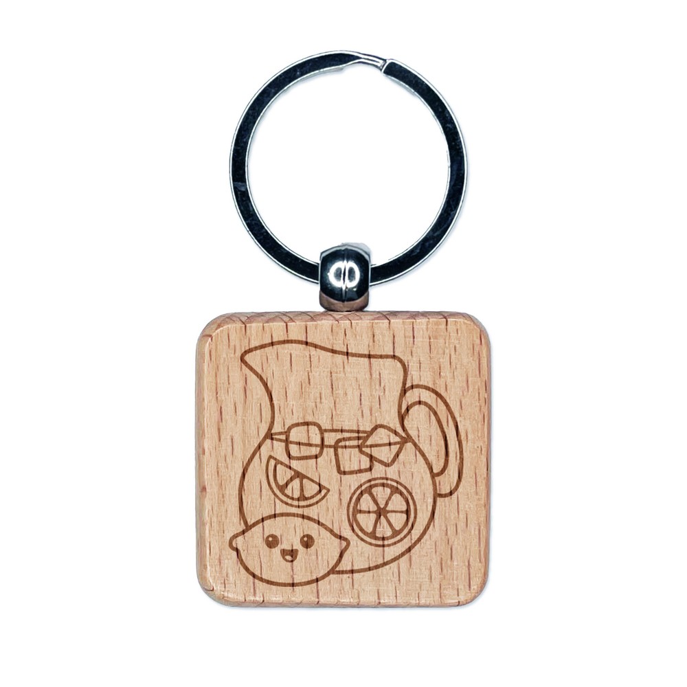 Lemonade Pitcher with Happy Lemon Engraved Wood Keychain Charm  