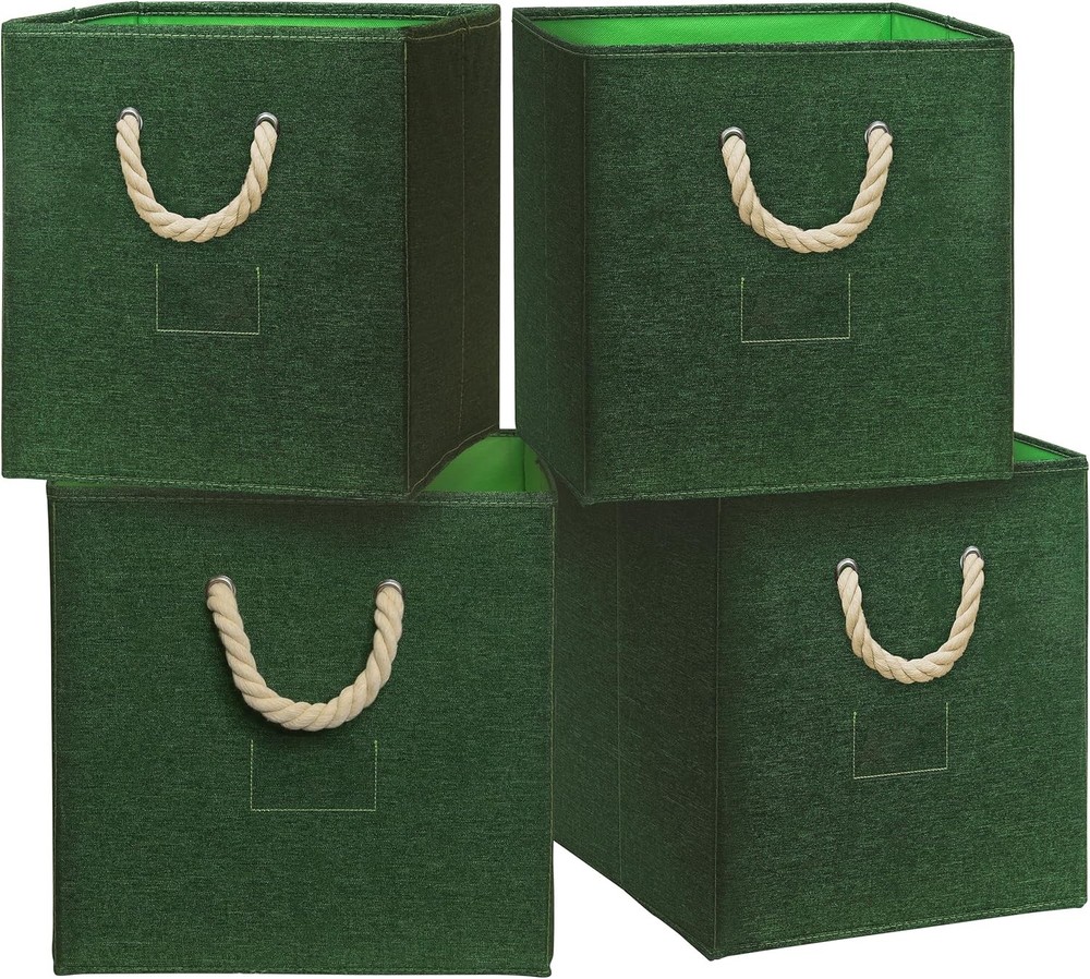 11-Inch Cube Storage Bin With Braided Handles, 4 Pack, Green