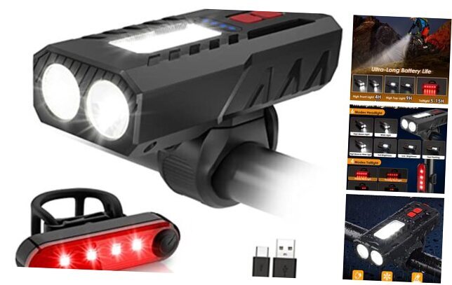 USB Rechargeable Bike Lights Set, 6 Modes Bicycle Front Headlight and black