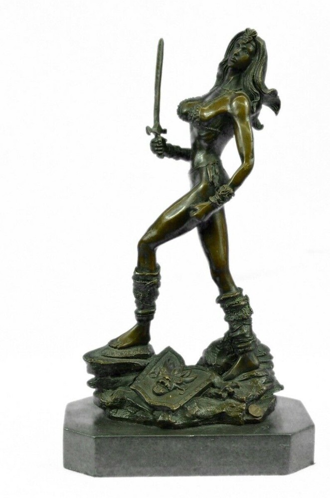 Signed Amazon Warrior Bronze Statue Nude Woman with Sword Art Deco Sculpture