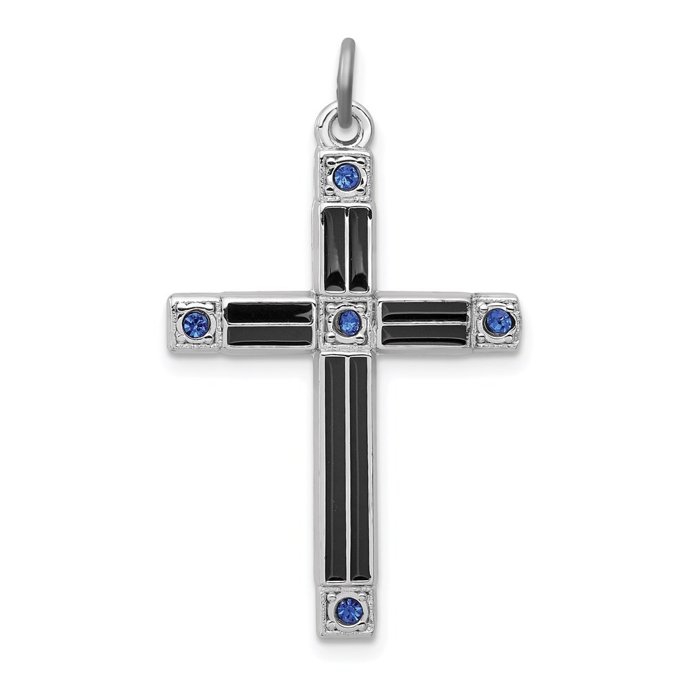 Sterling Silver Platinum-plated Enameled & Blue Cubic Zirconia Cross Pendant