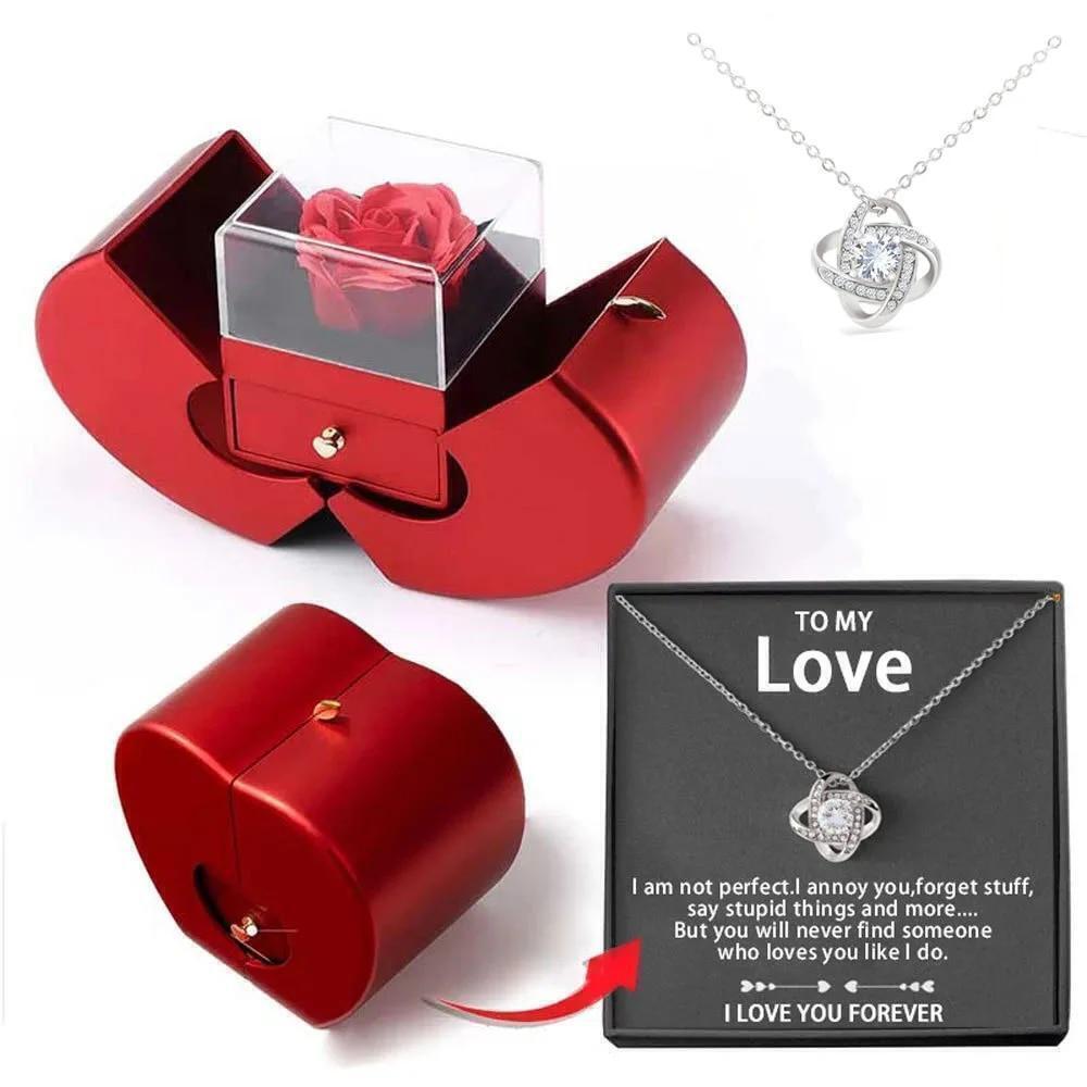 White Gold Necklace with Real Rose to My Love Forever Rose Heart Box to My Love