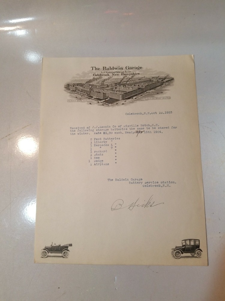 READ!! 1923 letterhead THE BALSAMS DIXVILLE NOTCH - BALDWIN GARAGE COLEBROOK NH