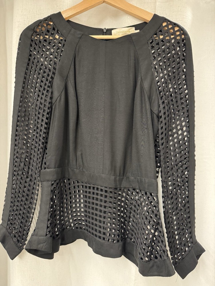 ZIMMERMANN Black Lattice Long Sleeve Cage Top Peplum Size 2 AU10-12