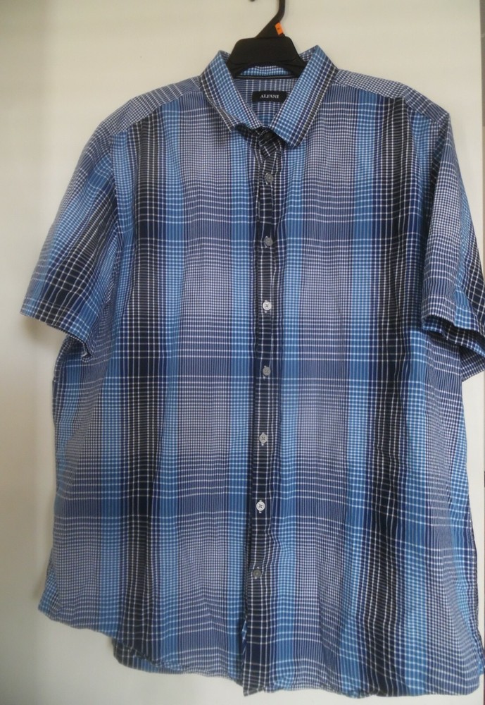 Alfani Blue White Black Mens Size XLT Plaid Pocket Button Down Shirt