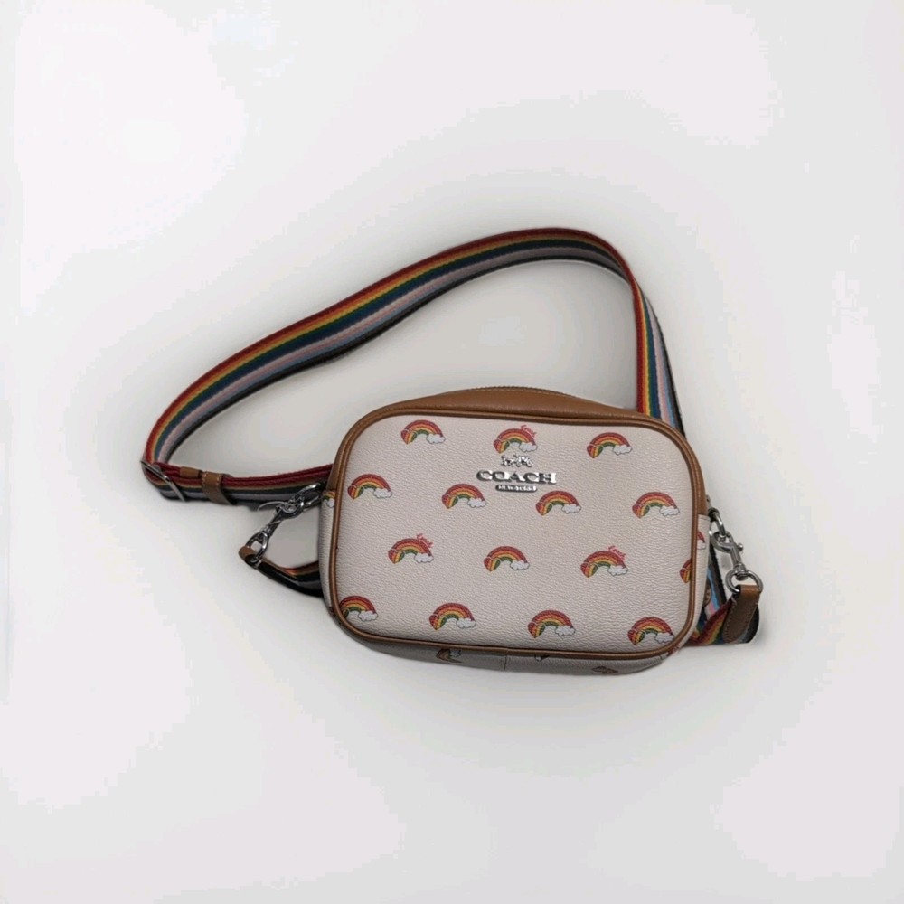Authentic Coach CJ647 Mini Jamie Camera Bag Crossbody With Rainbow Print Chalk