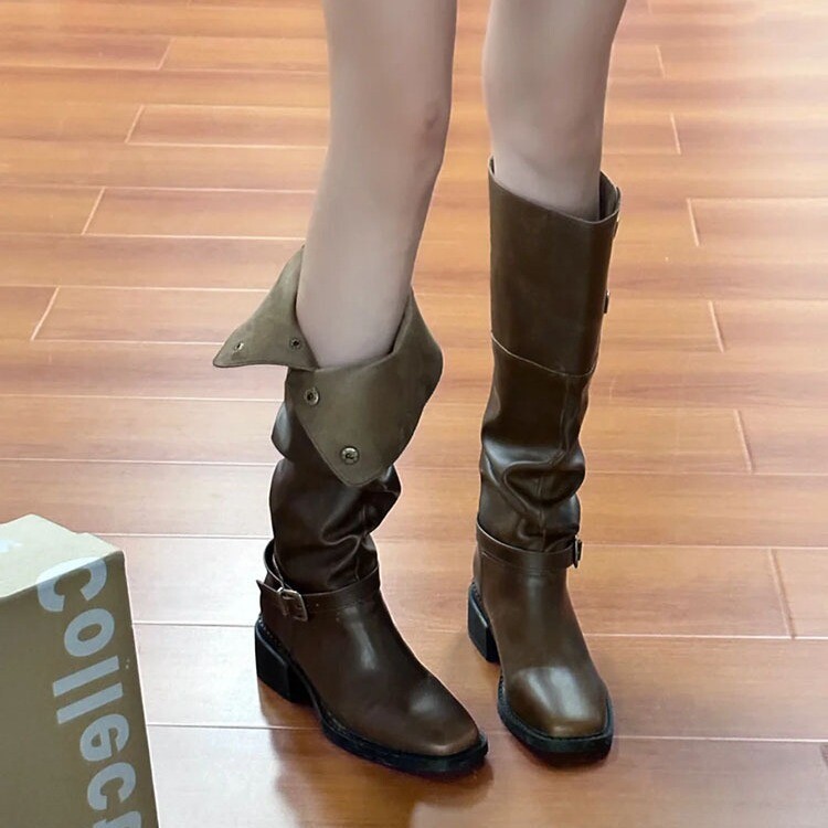 Women's Knight Boots Western Cowboy Boots Thick Heel Vintage Buckle Riding Boots