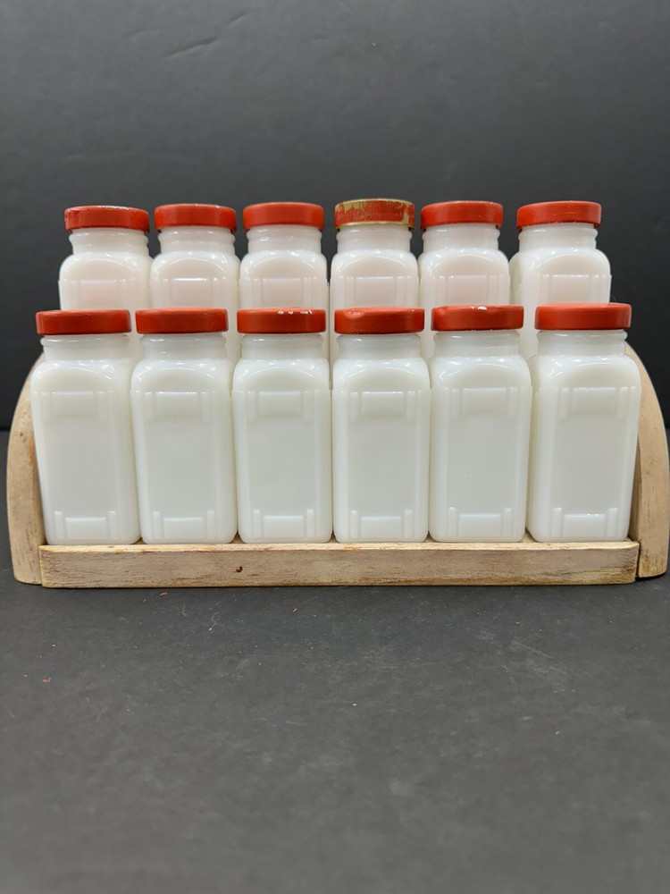 Vintage 1930s Art Deco Griffith Milk Glass Spice Jar Set with Wooden Rack 12-Piece USA  
