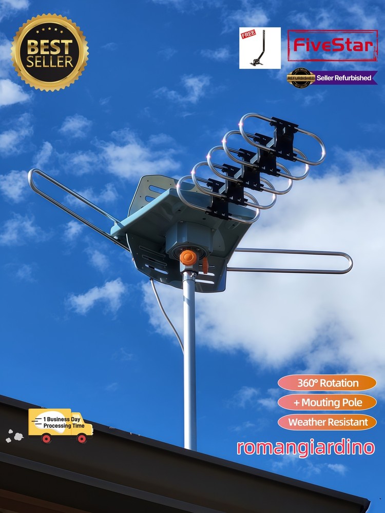 New Arrival 200 Mile Outdoor TV Antenna w Pole Motorized 4K HDTV 360 Rotation