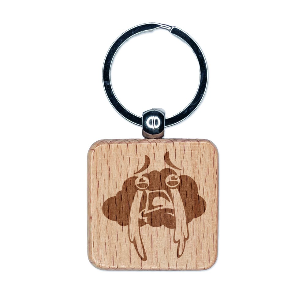 Sad Crying Rain Cloud Engraved Wood Square Keychain Tag Charm