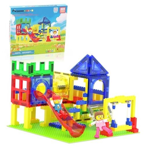 Magnetic Tiles Building Set with 2 Slides and Swing for Playground Fun