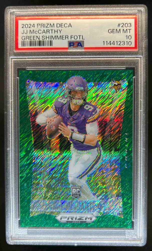 2024 Prizm Deca J.J. McCarthy RC Shimmer Green Prizms FOTL #/12 Vikings PSA 10