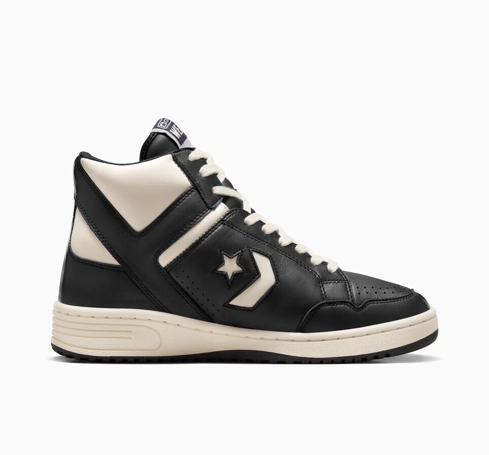 Men Converse Weapon Leather Mid Basketball Shoes Black Natural Ivory A04400C
