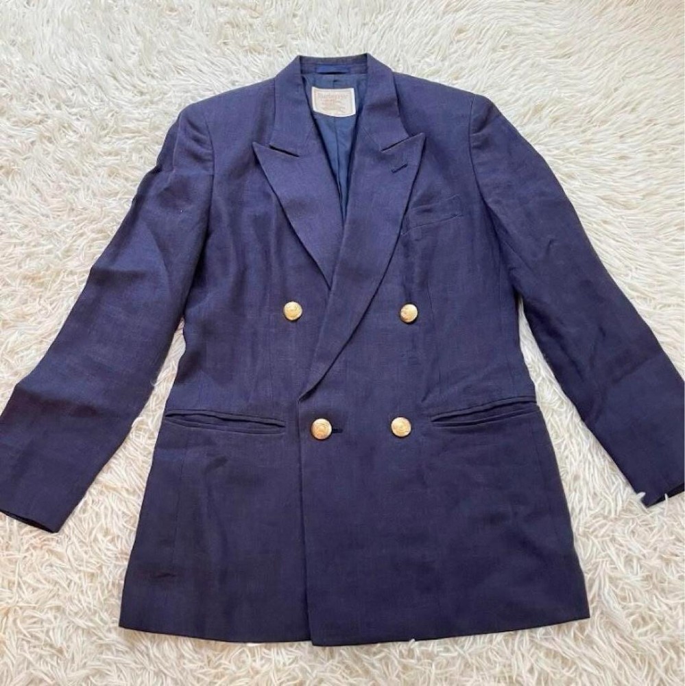 BURBERRYS Tailored Double Jacket Navy 100% Linen Button Men Size 9 Used
