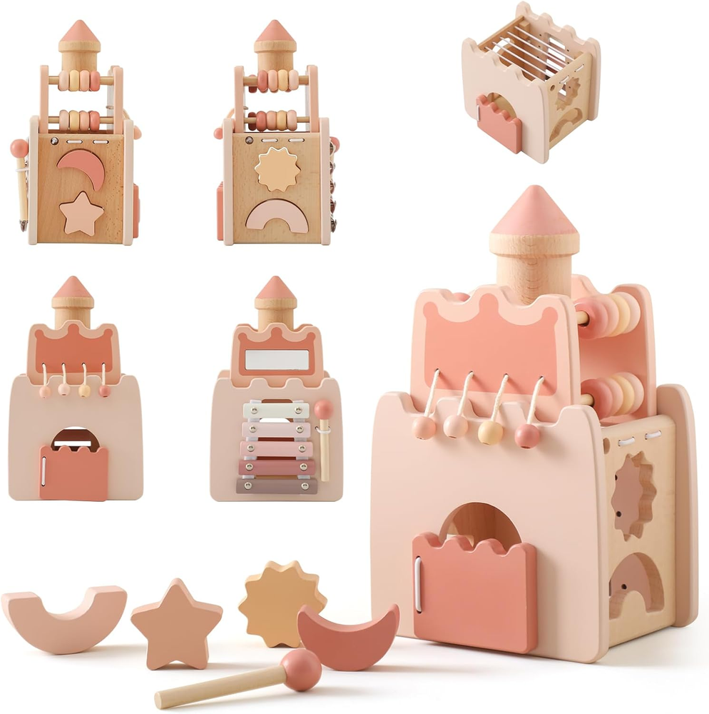 Wooden Montessori Activity Cube for Preschoolers 3-5 Multi-Sensory Learning Toy,
