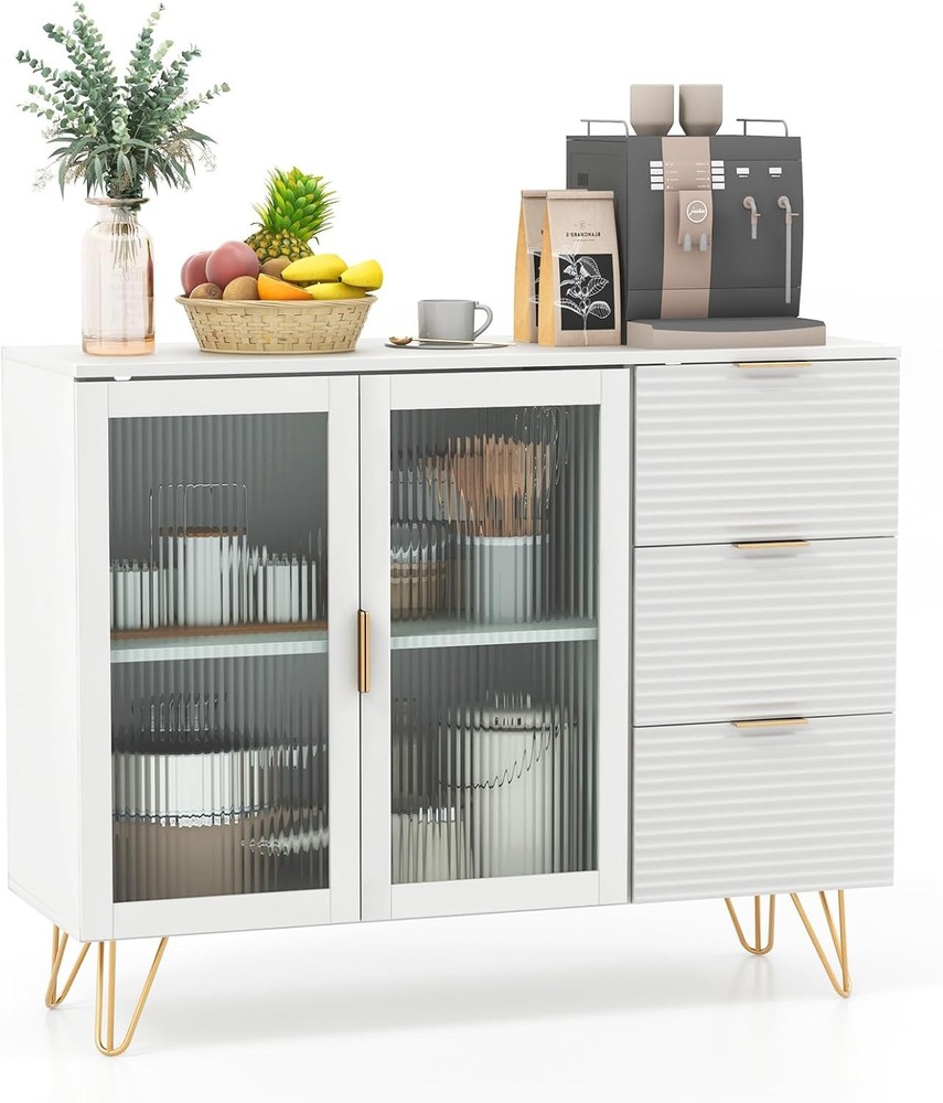 Kitchen Buffet Cabinet with 2 Tempered Glass Doors Storage Sideboard