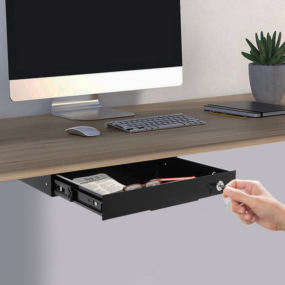 Under Desk Mounted Drawer Storage Sliding Out Tray Black Space Saver With Keys~
