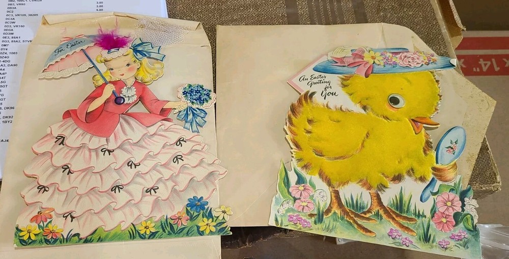 2 Vtg EASTER Ducks Girl  in Fancy BONNETS 1940s Greeting CARDS