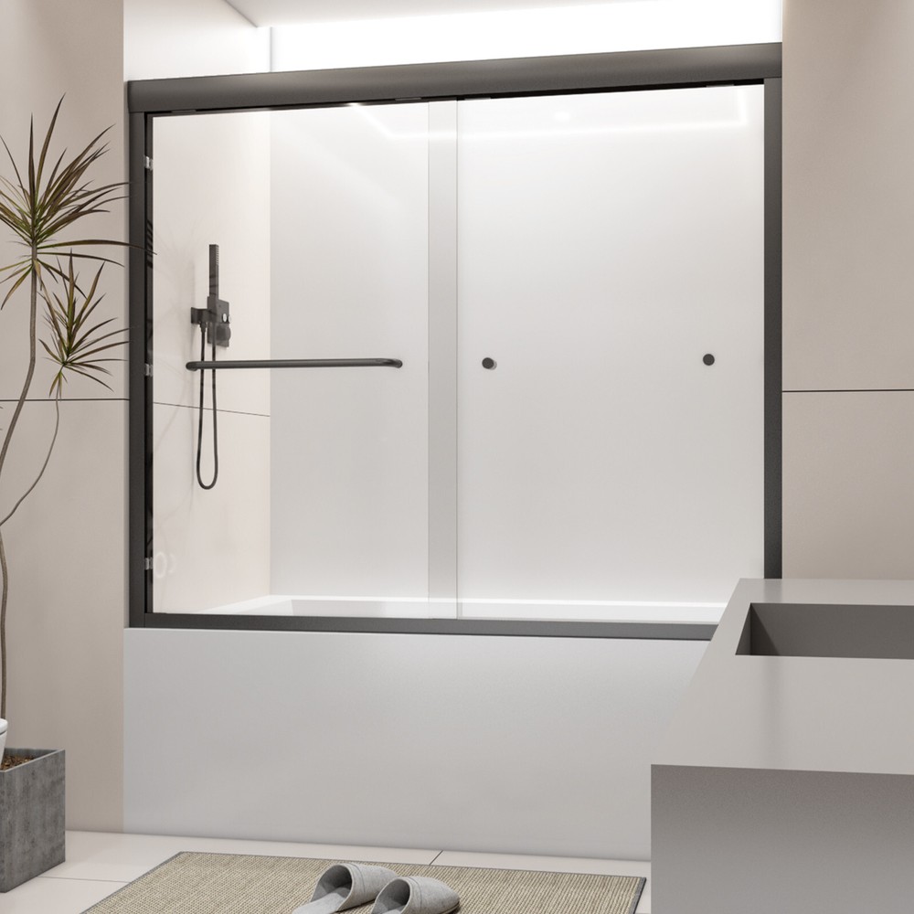 60''x58'' Sliding Shower Tub Door 2 Panels w Black Aluminum Frame w Towel Bar US