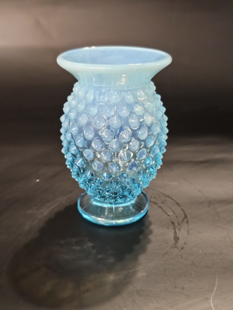 Fenton Aqua Blue Opalescent Hobnail Bud Vase 3.5 Inch Flared Rim