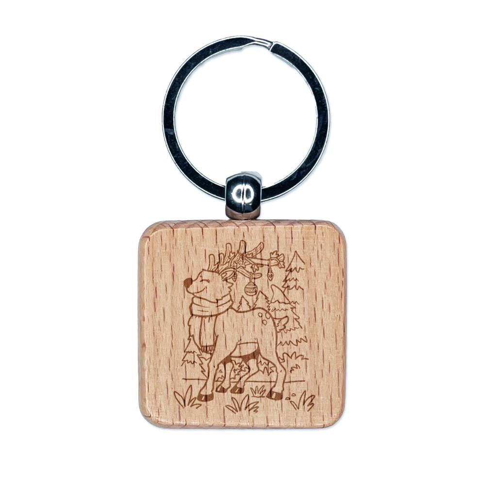 Reindeer with Christmas Ornaments Engraved Wood Square Keychain Tag Charm