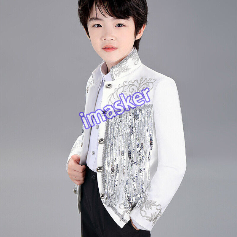 Cosplay Prince Boys Shiny Sequins Fringed Embroidered Tuxedo Suit Jacket Coat