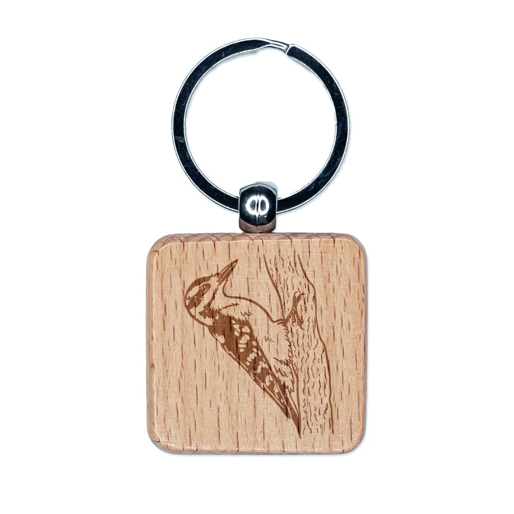 Hairy Woodpecker Bird on Tree Engraved Wood Square Keychain Tag Charm